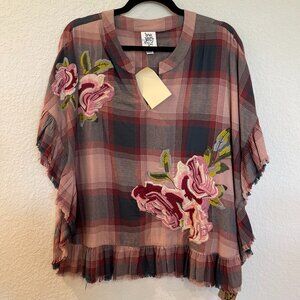 NWT Ivy Jane Plaid Floral Embroidered Blouse
